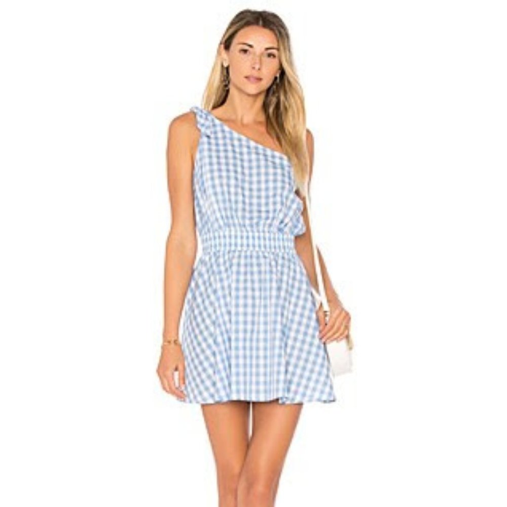 L'Academie | The Tie Shoulder Dress in Baby Blue Gingham